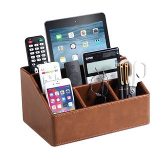 MEIBOOCH PU Leather Desk Organizer, Luxury Remote Control Holder for Home, Office Desk Accessories Table Caddy Bedside Nightstand Organizer (Brown)