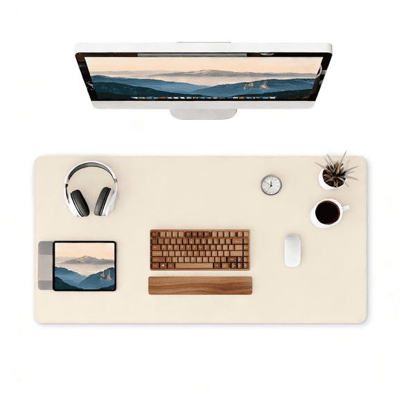 PU Leather Desk Pad, 32x16" Non-Slip Waterproof Desk Mat, Large Office Mouse Pad, Full Coverage Desk Blotter Mat with Strap, Writing & Mouse Pad for Office & Home(Eggshell, 31.5”x15.7”)