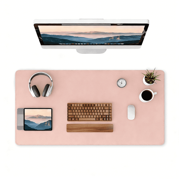 PU Leather Desk Pad, 32x16" Non-Slip Waterproof Desk Mat, Large Office Mouse Pad, Full Coverage Desk Blotter Mat with Strap, Writing & Mouse Pad for Office & Home(Light Pink, 31.5”x15.7”)