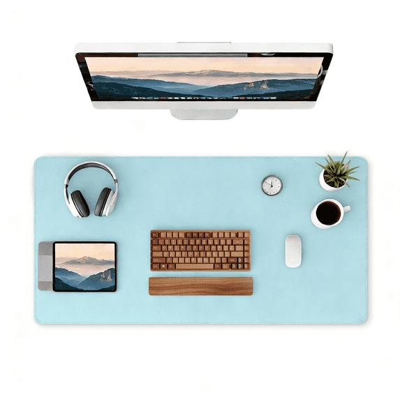 PU Leather Desk Pad, 32x16" Non-Slip Waterproof Desk Mat, Large Office Mouse Pad, Full Coverage Desk Blotter Mat with Strap, Writing & Mouse Pad for Office & Home(Light blue, 31.5”x15.7”)