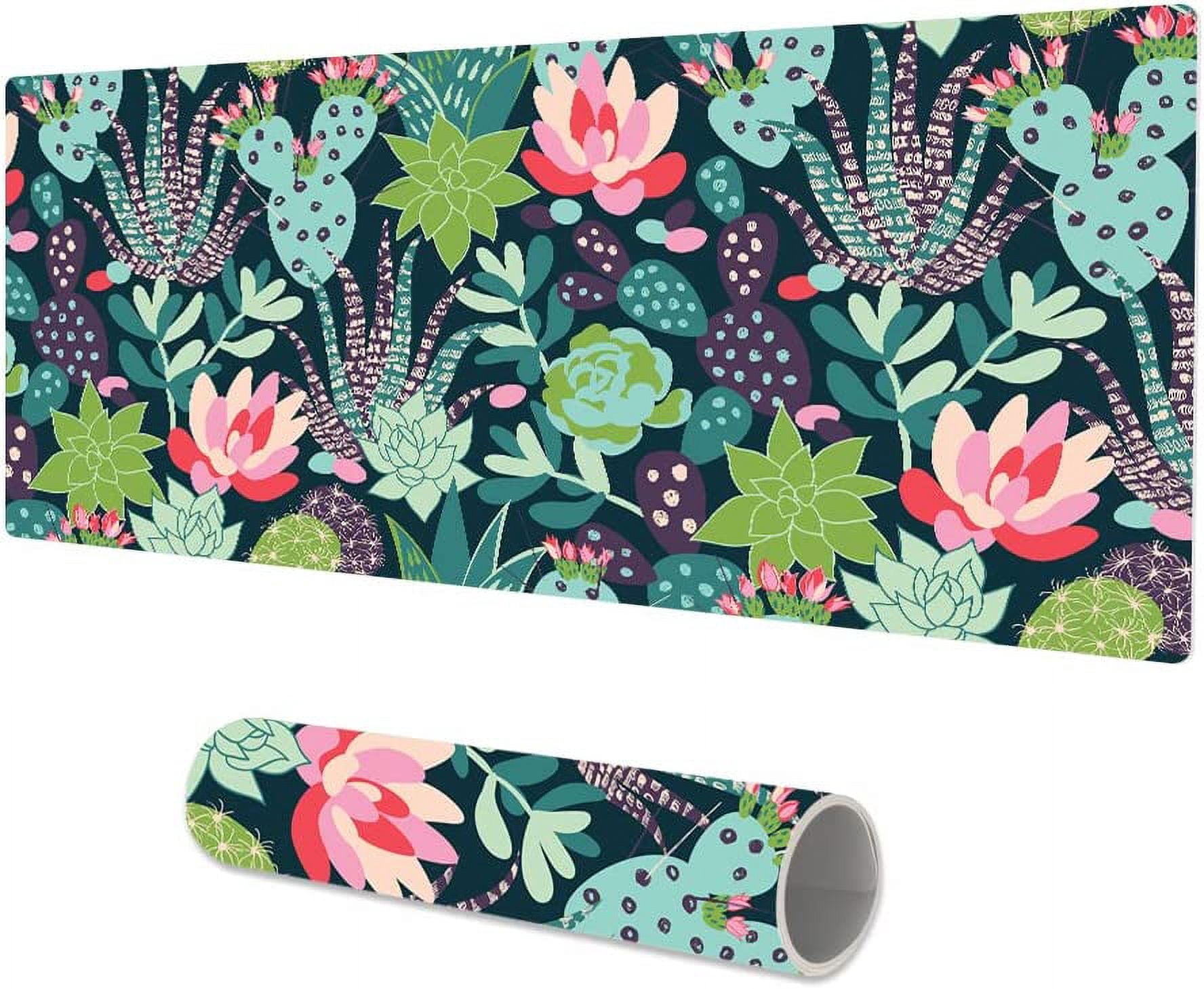 PU Leather Desk Pad, Waterproof Cute Desk Mat, Double Sided Computer Gaming XXL Mouse Pad, Green Large Desk Protector, Succulent Cacti Home Office Décor Mousepad 31.5" x 15.7" - Cactus Flowers