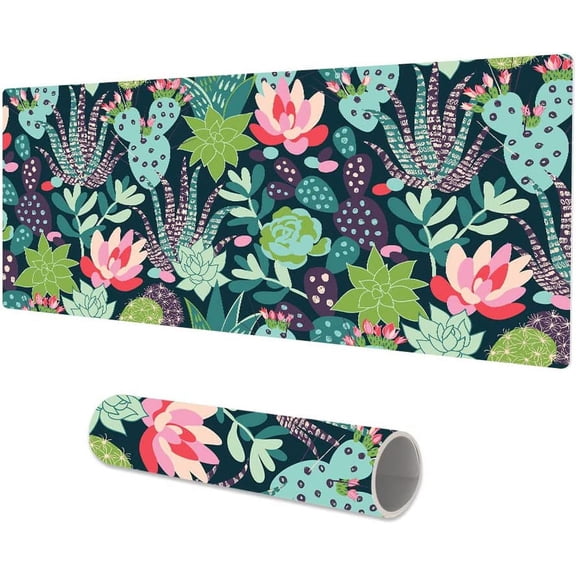 PU Leather Desk Pad, Waterproof Cute Desk Mat, Double Sided Computer Gaming XXL Mouse Pad, Green Large Desk Protector, Succulent Cacti Home Office Décor Mousepad 31.5" x 15.7" - Cactus Flowers