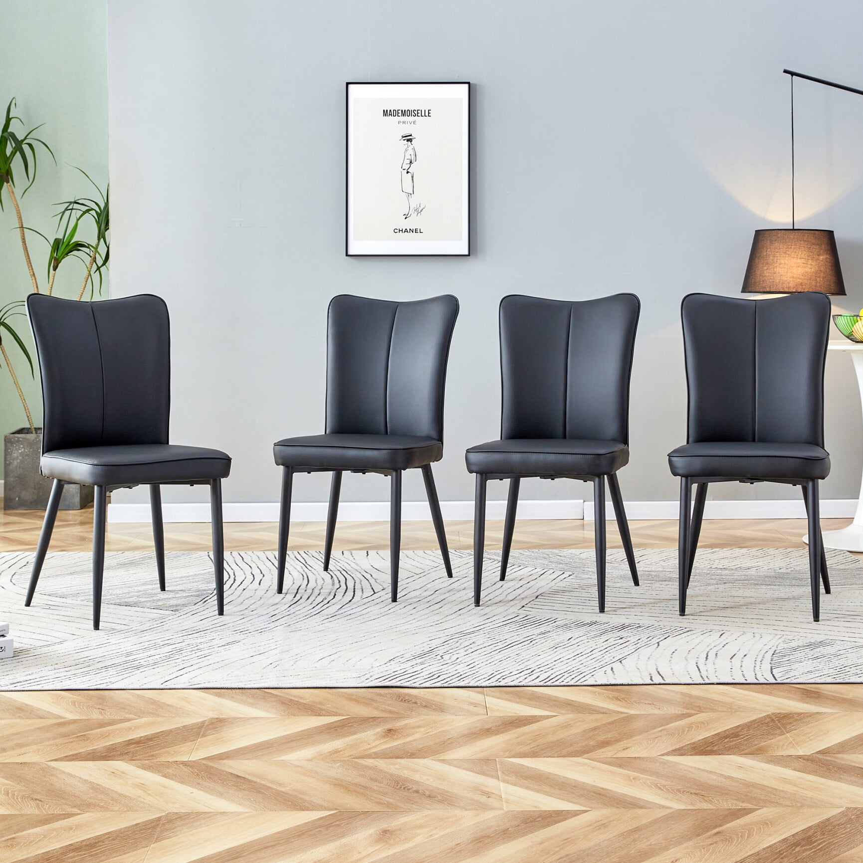 PU Leather Dining Chair Set of 4, Modern Office Chair with High Backrest and Black Metal Legs ...