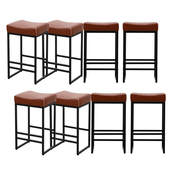PU Leather Dining Chairs, Counter Height Bar Stools without Back, Metal Legs, Upholstered Dining Chairs, Breakfast Bar Stools with Footrest Kitchen & Dining Room Chair(Brown,Set of 8)