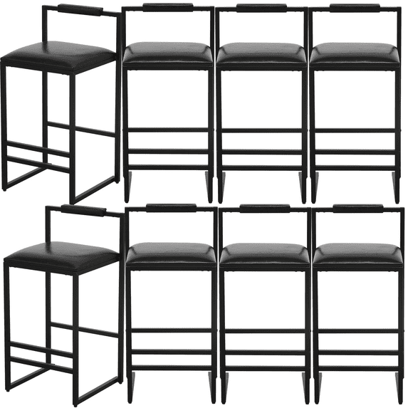 PU Leather Dining Chairs, Counter Height Upholstered Bar Chairs with Footrest, Metal Legs, Upholstered Dining Chairs, Breakfast Bar Stools with Footrest Kitchen & Dining Room Chair(Black,Set of 8)