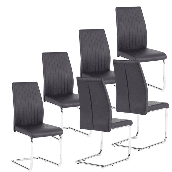 PU Leather Dining Chairs, Industrial Dining Chair with Silver Metal Legs, Leisure Upholstered Restaurant Home Chair, Accent Desk Chair for Kitchen Living Room Wine Bar(Black,Set of 6)