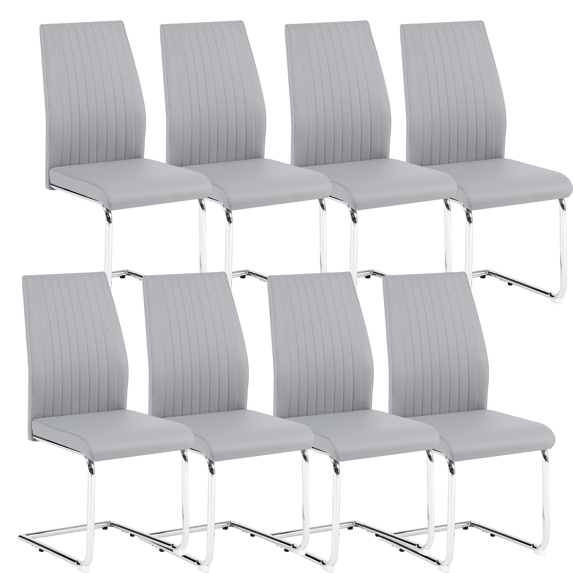 PU Leather Dining Chairs, Industrial Dining Chair with Silver Metal Legs, Leisure Upholstered Restaurant Home Chair, Accent Desk Chair for Kitchen Living Room Wine Bar(Light Gray,Set of 8)