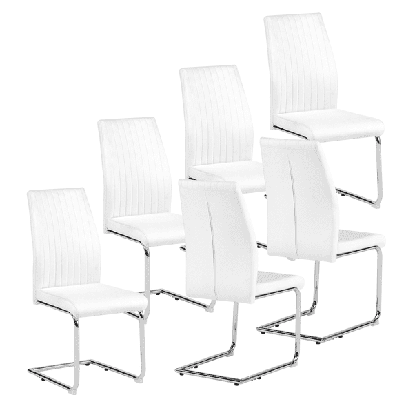 PU Leather Dining Chairs, Industrial Dining Chair with Silver Metal Legs, Leisure Upholstered Restaurant Home Chair, Accent Desk Chair for Kitchen Living Room Wine Bar(White,Set of 6)