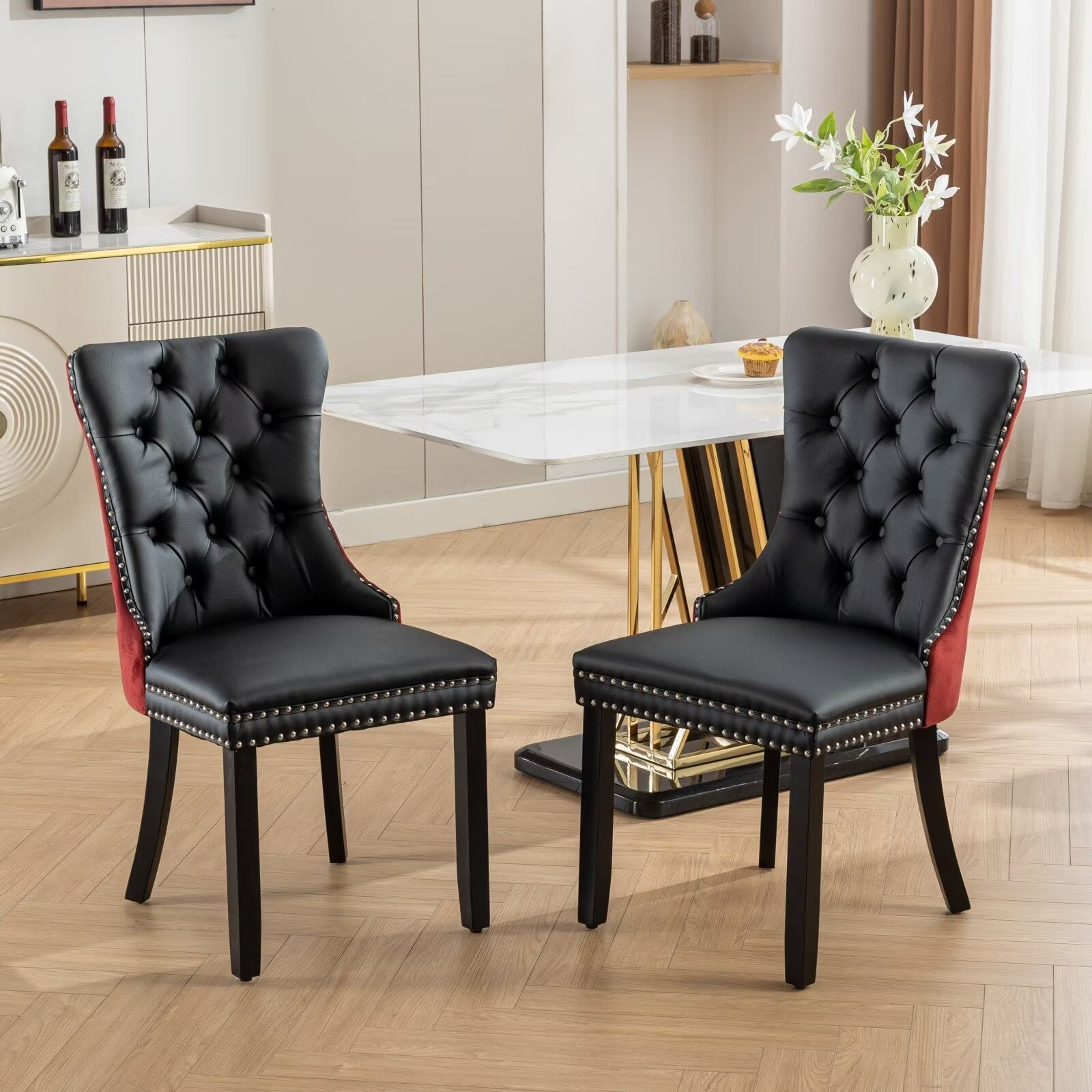 PU Leather Dining Chairs Set of 2, Upholstered Tufted Dining Room Chairs with Nailhead Trim ...