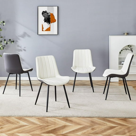 SUDICA PU Leather Dining Chairs Set Of 4, White And Dark Gray, Black Legs For Dining Room