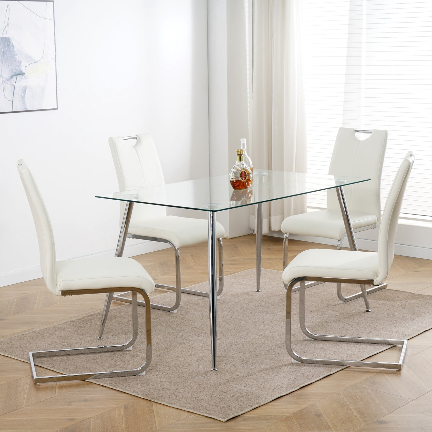 PU Leather Dining Chairs Set of 4, Modern Office Chair with Sliver