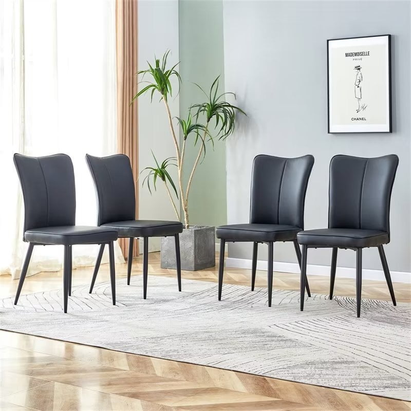 PU Leather Dining Chairs Set of 4, Upholstered Dining Room Chairs with Curved Backrest and Black ...
