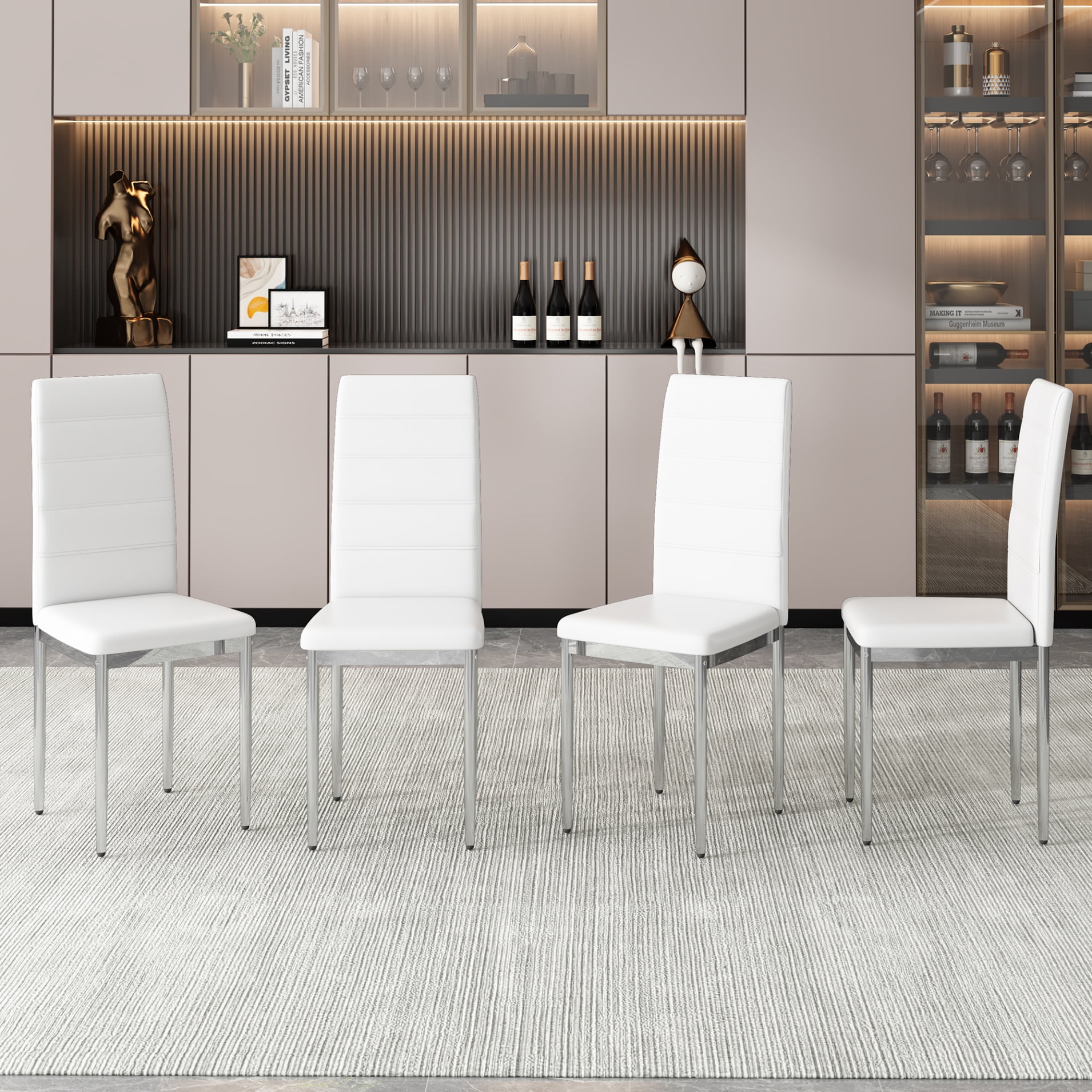 PU Leather Dining Chairs Set of 4, White High Back Kitchen Chairs with Thick Cushion and