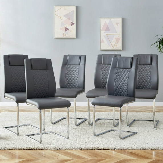 PU Leather Dining Chairs Set of 6, Modern Accent Kitchen Chairs with Backrest and Arch Leg, Upholstered Armless Side Chair for Kitchen, Living Room, Dining Room, Gray