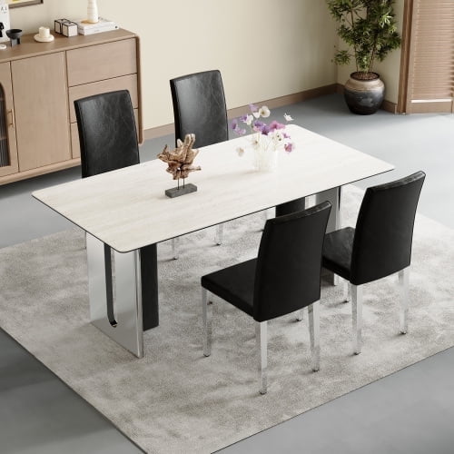 PU Leather Dining Chairs Set of 4, Modern Silver Metal Legs, Minimalist Kitchen, Office, Cafe Chairs with Floor Protectors & Easy Assembly, Black