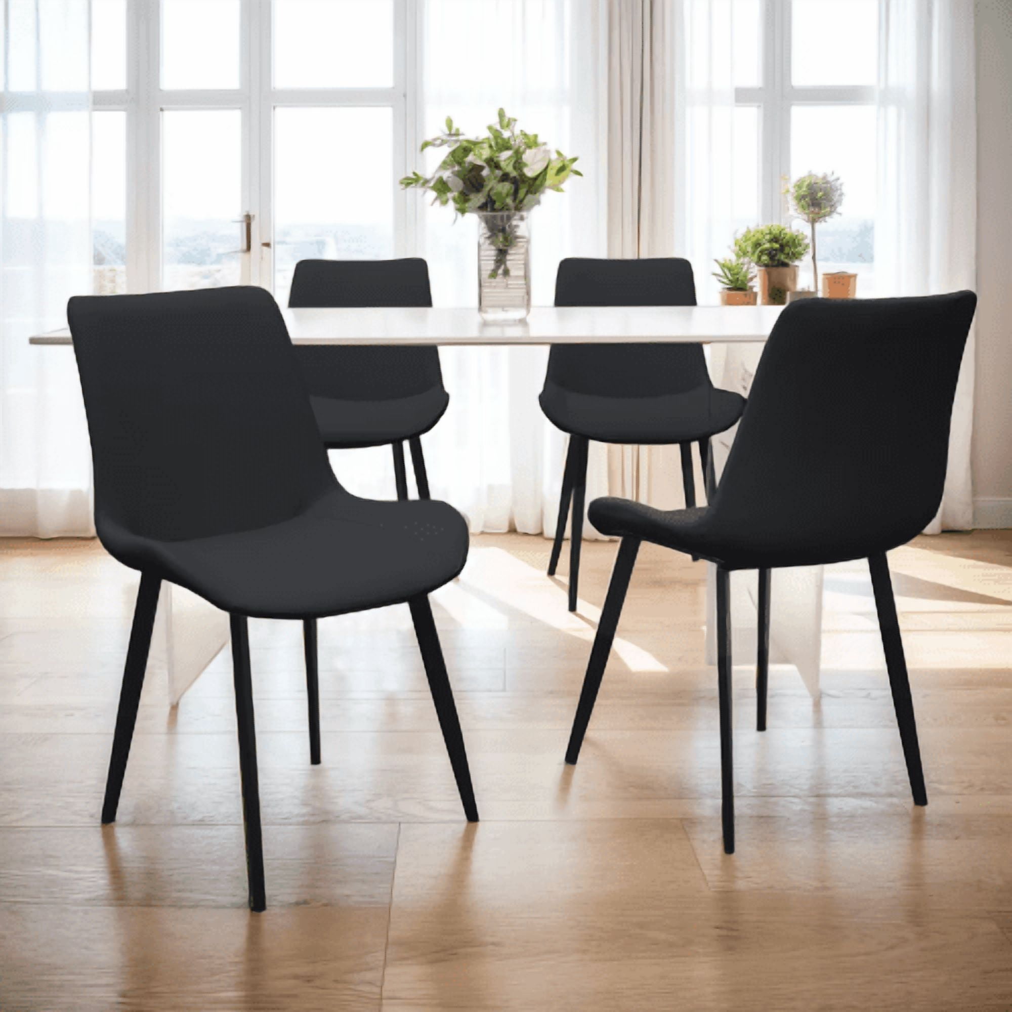 PU Leather Dining Chairs Set of 4, Modern Upholstered Kitchen Chairs with Metal Legs for Dining Room, Restaurant, Living Room, Meeting Room, Black