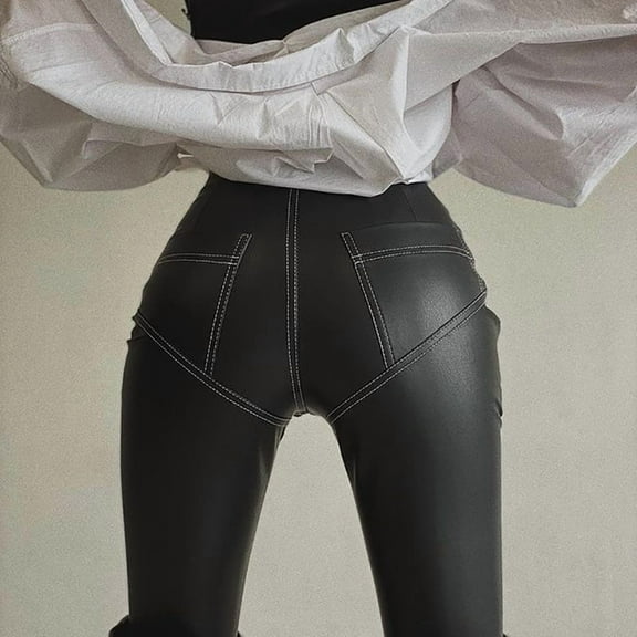 PU Leather Elastic Skinny Pants High Waist Stitching Hip Leggings 1773656642705707