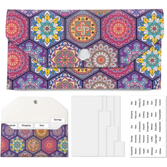 PU Leather  Envelopes Wallet,   Savin Wallet, Cute Budget Envelope with 4 Dividers & 1 Sheets Budget Labels Colorful Mandala Tile