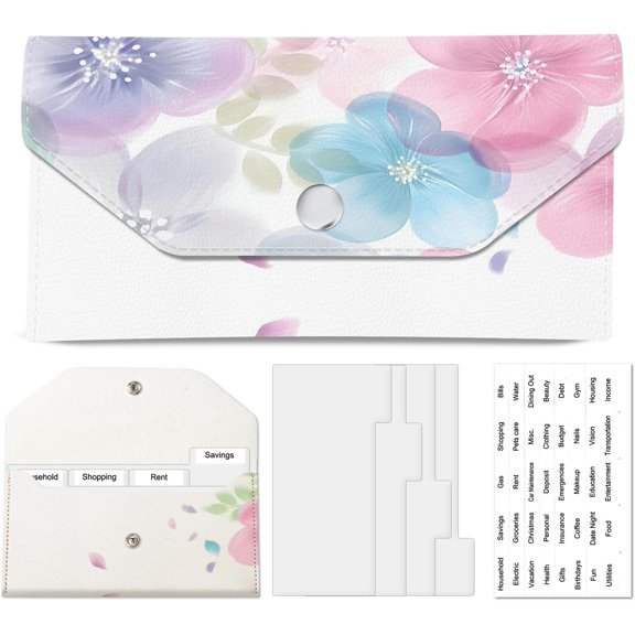PU Leather Envelopes Wallet, Savin Wallet, Cute Budget Envelope with 4 Dividers & 1 Sheets Budget Labels Pastel Flower Petals