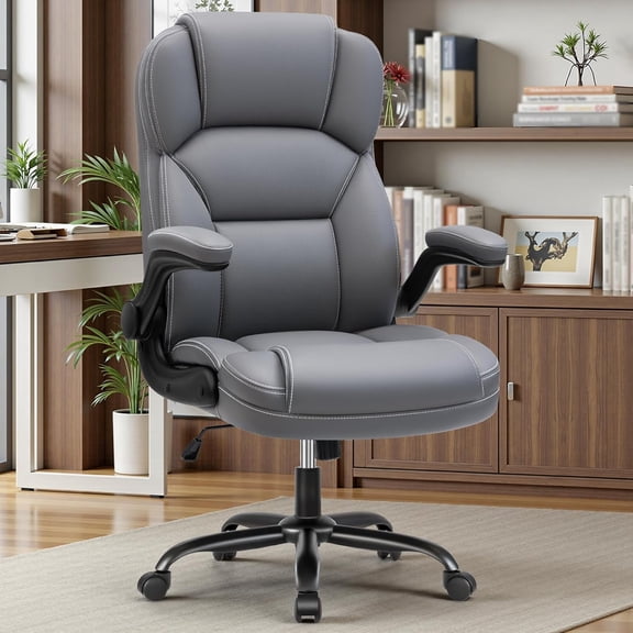 PU Leather Executive Office Chair, Ergonomic High-Back Computer & Gaming Chair with Adjustable Height, Rolling Swivel & Flip-Up Armrests,  Padded Seat for Home Office-Gray