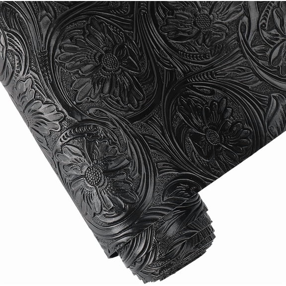 PU Leather Fabric for DIY Craft Making Supplies Flower Pattern Black 1370x301x0.8mm Black