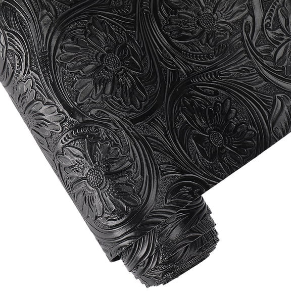 PU Leather Fabric for DIY Craft Making Supplies Flower Pattern Black 1370x301x0.8mm for DIY