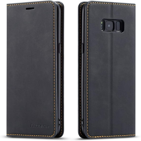 PU Leather Flip Case for Galaxy S8 Plus, Wallet Cover with Kickstand, Card Slot, Closure - Black