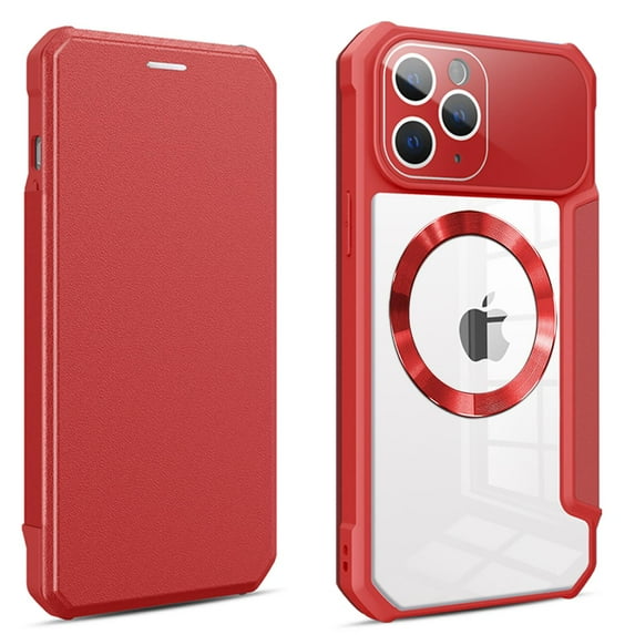 PU Leather Flip Cover for iPhone 13 Pro,Compatible with MagSafe Charging,Hidden Magnetic Closure Folio Flip Card Pocket Kickstand Shockproof Back Clear Phone Case with Lens Film,Red