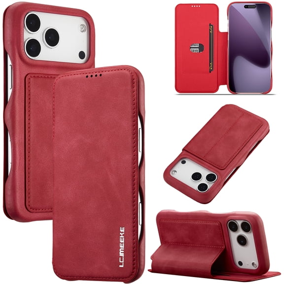 PU Leather Flip Phone Case For iPhone 18 Pro Max, Foldable Viewing Kickstand, Protective Folio Cover with Secure Closure, Slim Full-Wrap Anti-Scratch Case for Daily Use,Red