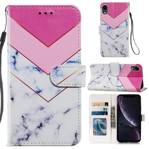 PU Leather Folio Stand Case for iPhone XR 6.1 inch 2018 Release, Allytech Detachable Hand Strap Card Slots TPU Bumper Drop Proof Cover with Magnetic Snap for iPhone XR (2018) 6.1", Pink White Marble