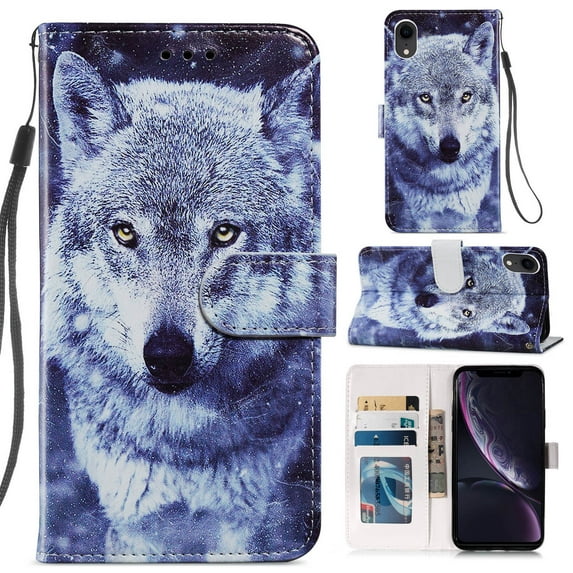 PU Leather Folio Stand Case for iPhone XR 6.1 inch 2018 Release, Allytech Detachable Hand Strap Card Slots TPU Bumper Drop Proof Cover with Magnetic Snap for iPhone XR (2018) 6.1", Lovely Wolf