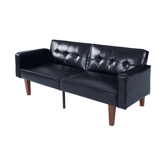 PU Leather Futon Sofa, Adjustable Reclining Couch - Mid-Century Modern Living Room Sofa with Tufted Back & Wood Legs