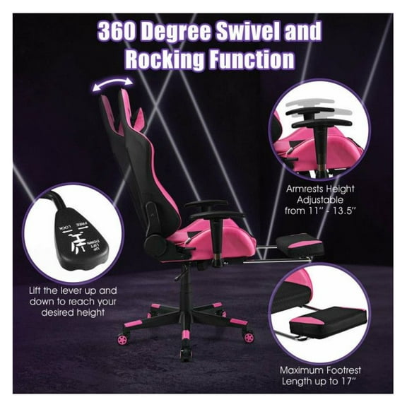 PU Leather Gaming Chair with Massage, Footrest - Ergonomic Adjustable Height Racing Chair with Lumbar Support - 330lbs Capacity - Blue/Pink/White/Red