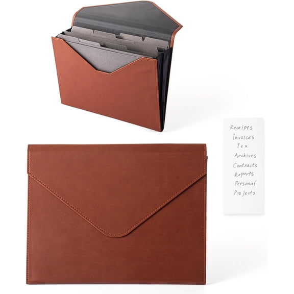 PU Leather Heavy-Duty Expanding File Folder, A5/ Letter Size Document Organizer with 8 Paper File Folder, 4-1/2 Inch Expansion, Grey - for Office, Auto Shop, School Paperwork.(Brown)