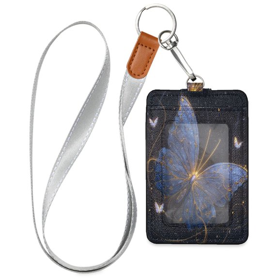 PU Leather ID Badge Holder Portable Card Protector for Work ID Business Cards Butterfly Shines Golden Light