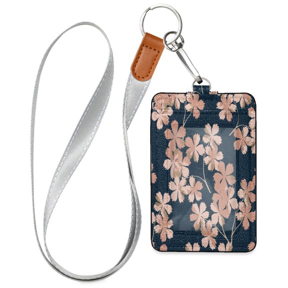 PU Leather ID Badge Holder Portable Card Protector for Work ID Business Cards Dark Navy Floral Light Bloom