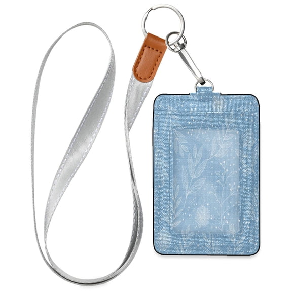 PU Leather ID Badge Holder Portable Card Protector for Work ID Business Cards Light Blue Floral