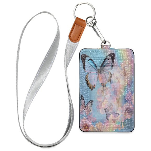 PU Leather ID Badge Holder Portable Card Protector for Work ID Business Cards Light Blue Flower Butterfly