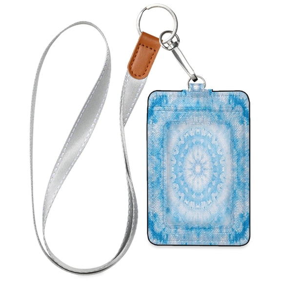 PU Leather ID Badge Holder Portable Card Protector for Work ID Business Cards Light Blue Tie Dye Pattern