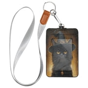 PU Leather ID Badge Holder Portable Card Protector for Work ID Business Cards Magic Black Cat