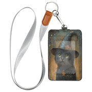 PU Leather ID Badge Holder Portable Card Protector for Work ID Business Cards Magic Hat Cat