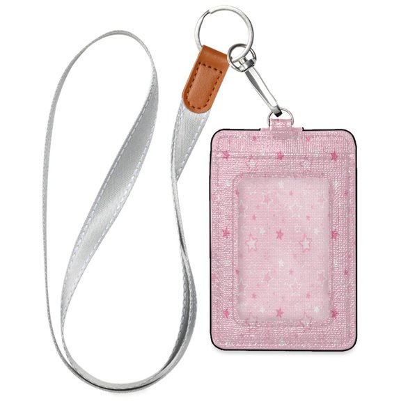 PU Leather ID Badge Holder Portable Card Protector for Work ID Business Cards Star Light Pink