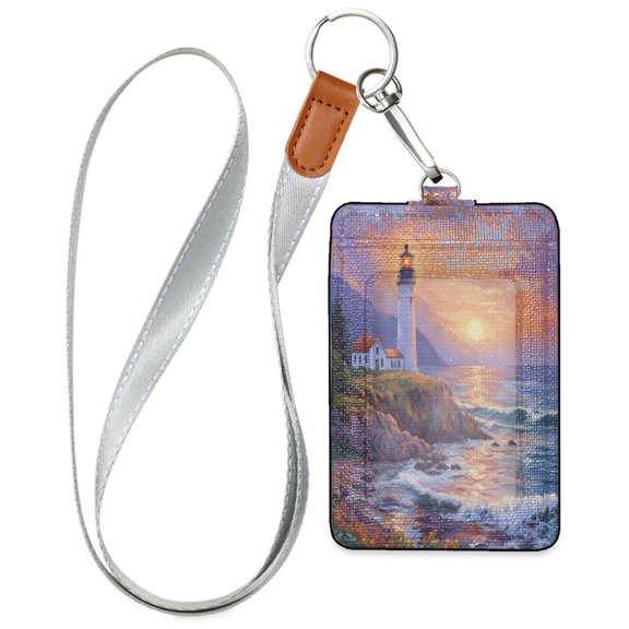 PU Leather ID Badge Holder Portable Card Protector for Work ID Business Cards Super Beautiful Lighthouse