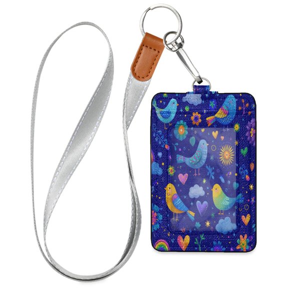 PU Leather ID Badge Holder Portable Card Protector for Work ID Business Cards Vibrant Bird Flight Pattern