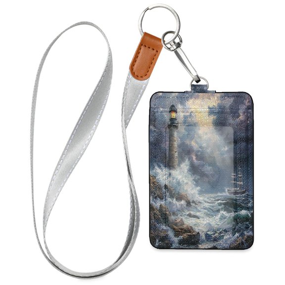 PU Leather ID Badge Holder Portable Card Protector for Work ID Business Cards Wave Lighthouse