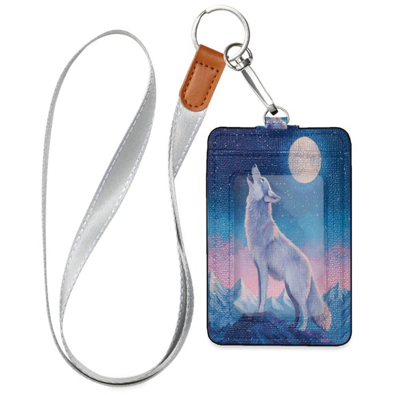 PU Leather ID Badge Holder Portable Card Protector for Work ID Business Cards Wolf in The Moonlight