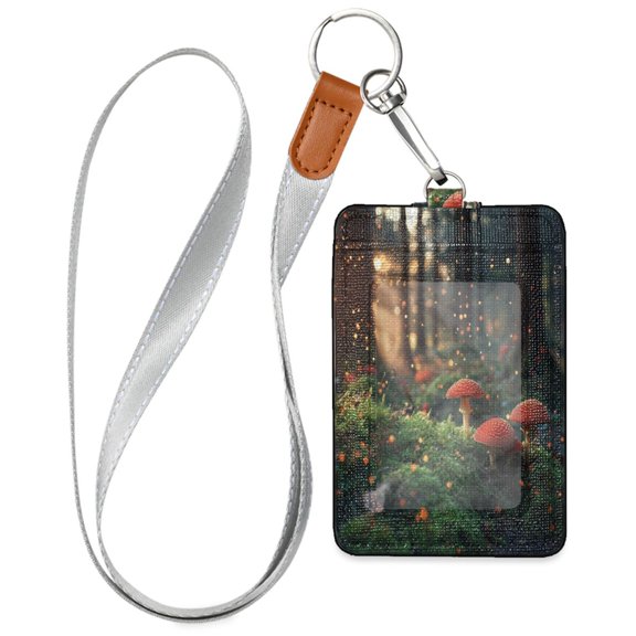 PU Leather ID Badge Holder Stylish Badge Holders with Lanyard (4.3x2.8x0.3in) for Cards & Credentials A Forest with Mushrooms