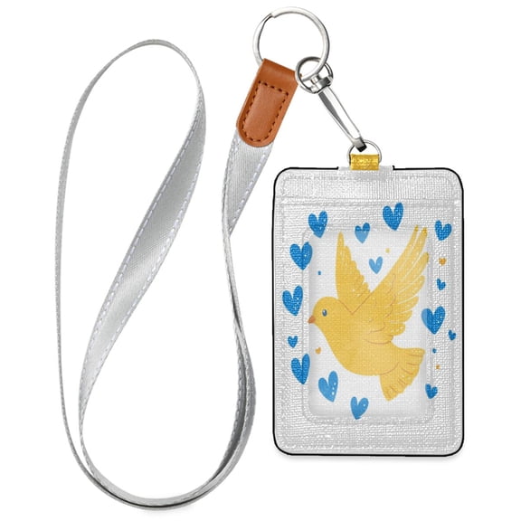 PU Leather ID Badge Holder Stylish Badge Holders with Lanyard (4.3x2.8x0.3in) for Cards & Credentials A Yellow Dove with Blue Hearts