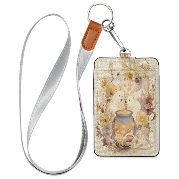 PU Leather ID Badge Holder Stylish Badge Holders with Lanyard (4.3x2.8x0.3in) for Cards & Credentials Bears Are Eating Honey