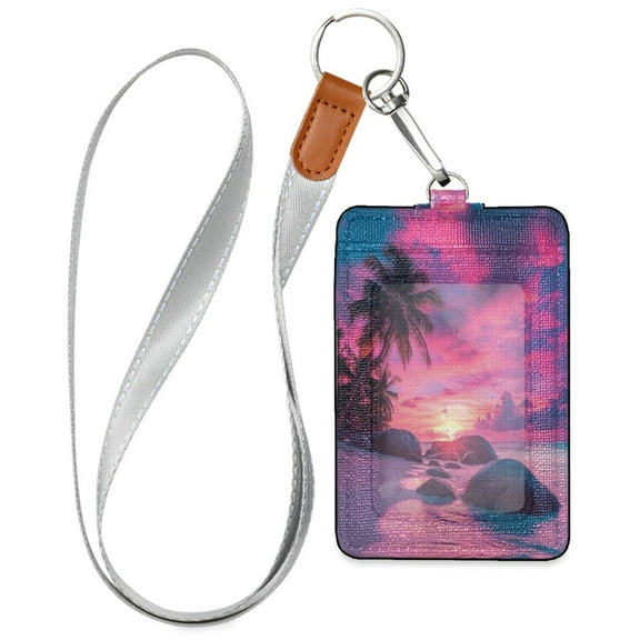 PU Leather ID Badge Holder Stylish Badge Holders with Lanyard (4.3x2.8x0.3in) for Cards & Credentials Beautiful Sunset Beach